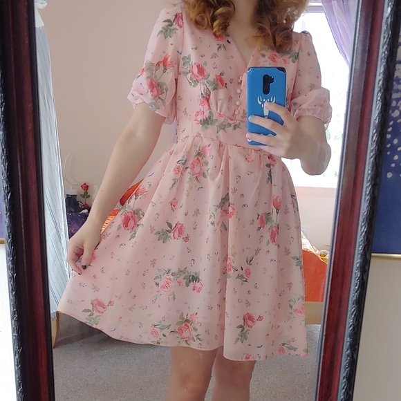 Lacuna- Balloon Sleeve Floral Print Chiffon Dress - Picture 4 of 8